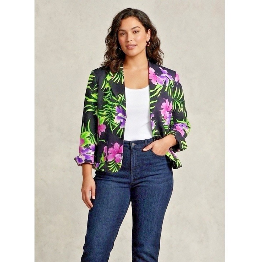 Rafaella Womens Size 6 Floral Blazer Black Button Boho Career Preppy Business
